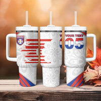 Custom Paraguay Football Tumbler With Handle Stripes Typography With Nanduti Flower Patterns