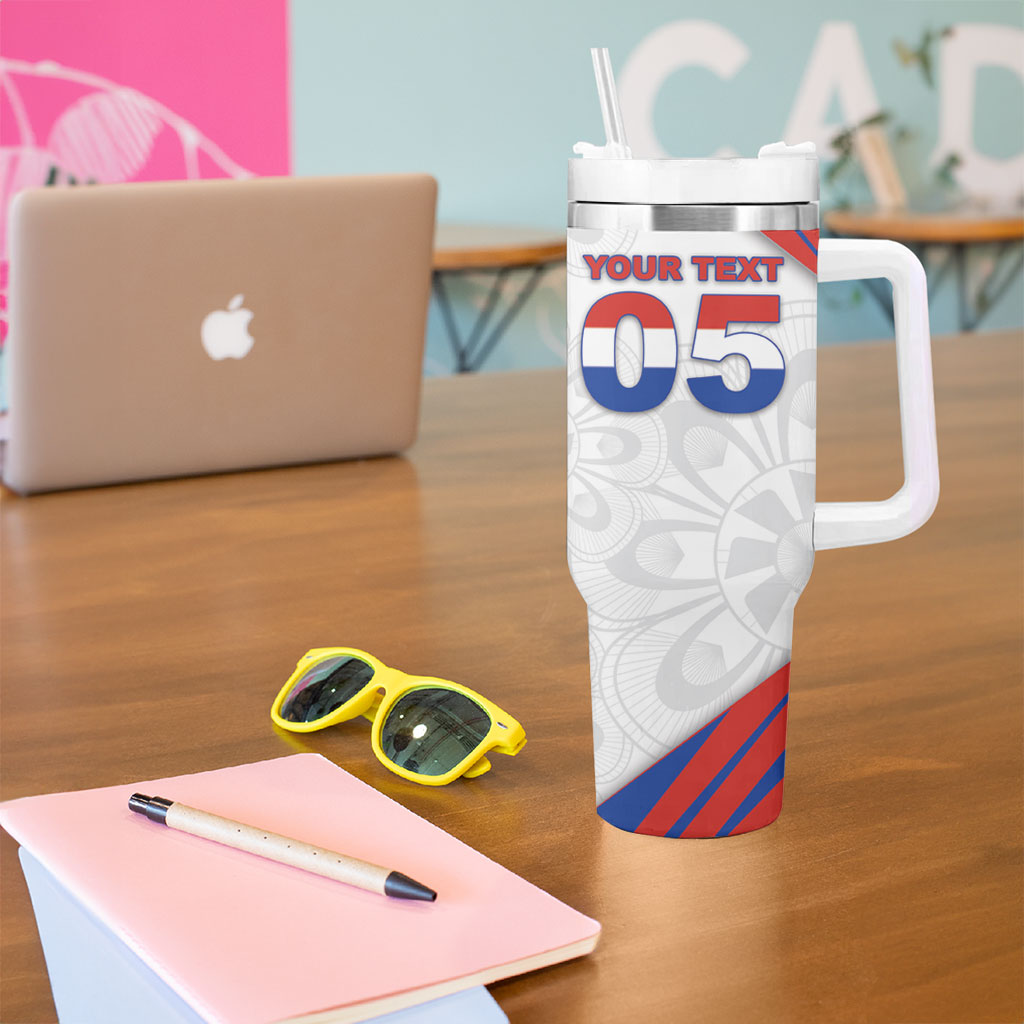 Custom Paraguay Football Tumbler With Handle Stripes Typography With Nanduti Flower Patterns