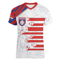 Custom Paraguay Football Women V-Neck T-Shirt Stripes Typography With Nanduti Flower Patterns