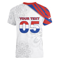 Custom Paraguay Football Women V-Neck T-Shirt Stripes Typography With Nanduti Flower Patterns