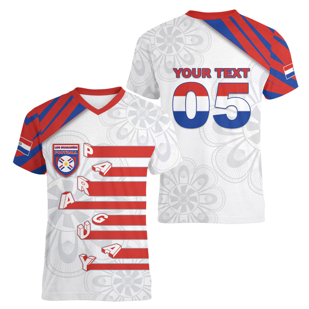 Custom Paraguay Football Women V-Neck T-Shirt Stripes Typography With Nanduti Flower Patterns