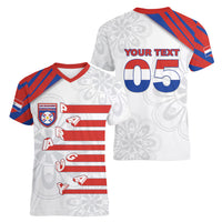 Custom Paraguay Football Women V-Neck T-Shirt Stripes Typography With Nanduti Flower Patterns