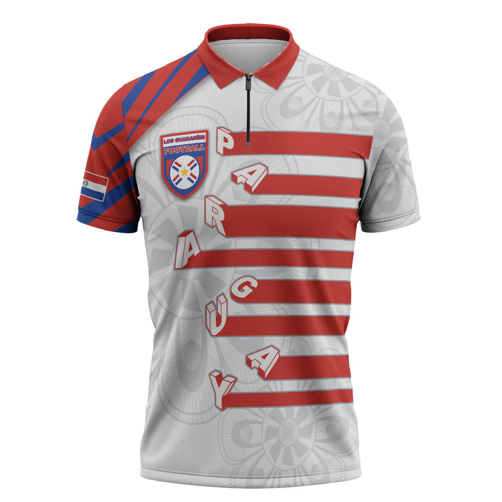 Custom Paraguay Football Zipper Polo Shirt Stripes Typography With Nanduti Flower Patterns