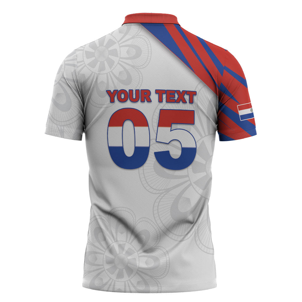 Custom Paraguay Football Zipper Polo Shirt Stripes Typography With Nanduti Flower Patterns