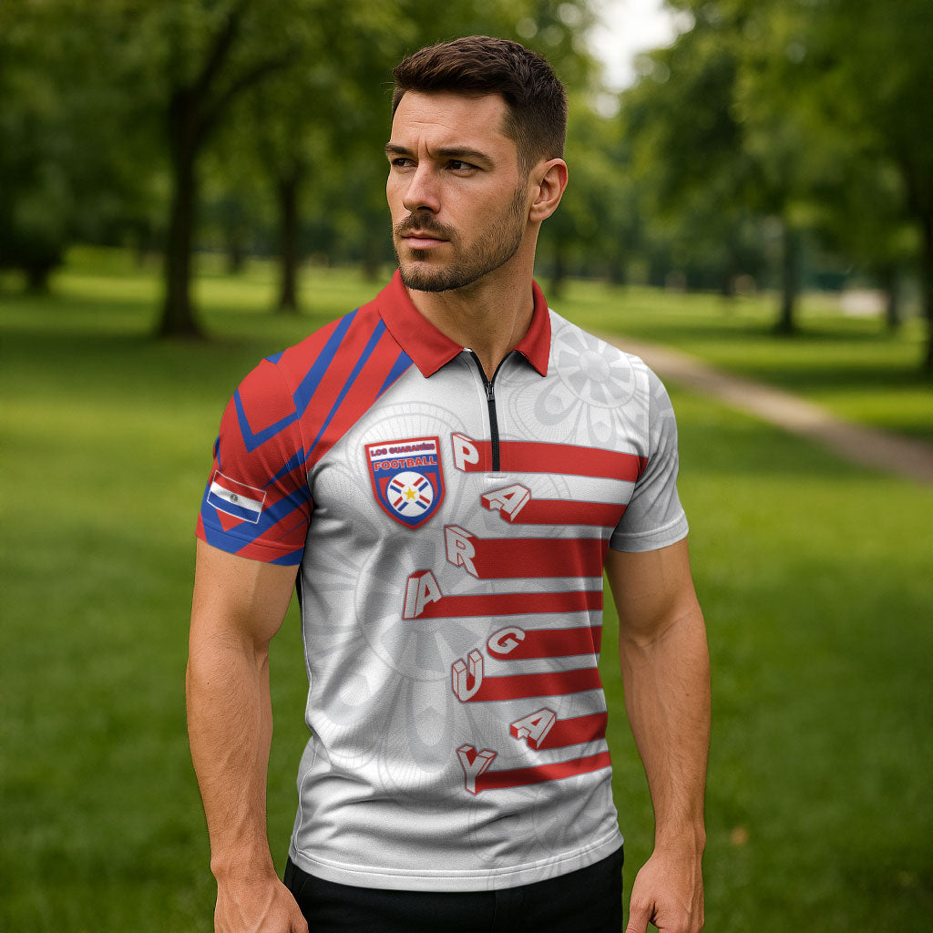Custom Paraguay Football Zipper Polo Shirt Stripes Typography With Nanduti Flower Patterns