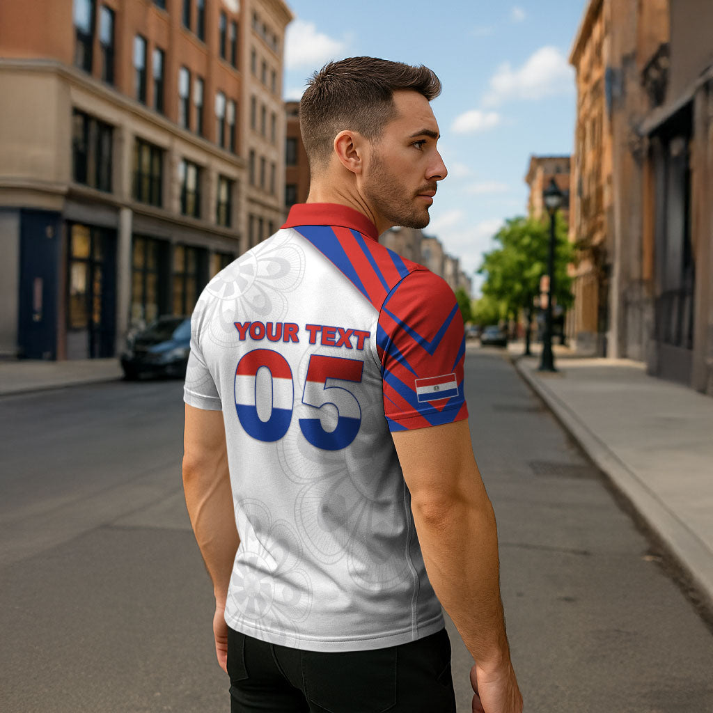 Custom Paraguay Football Zipper Polo Shirt Stripes Typography With Nanduti Flower Patterns