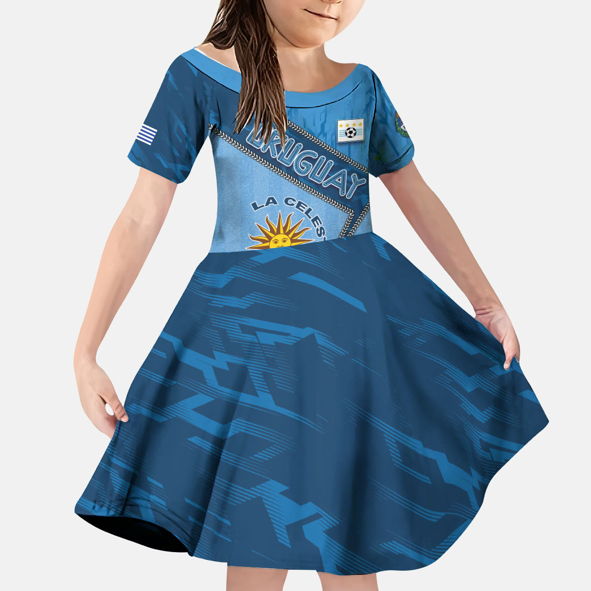 Custom Uruguay Football Kid Short Sleeve Dress Sun Of May Symbol Unique Style