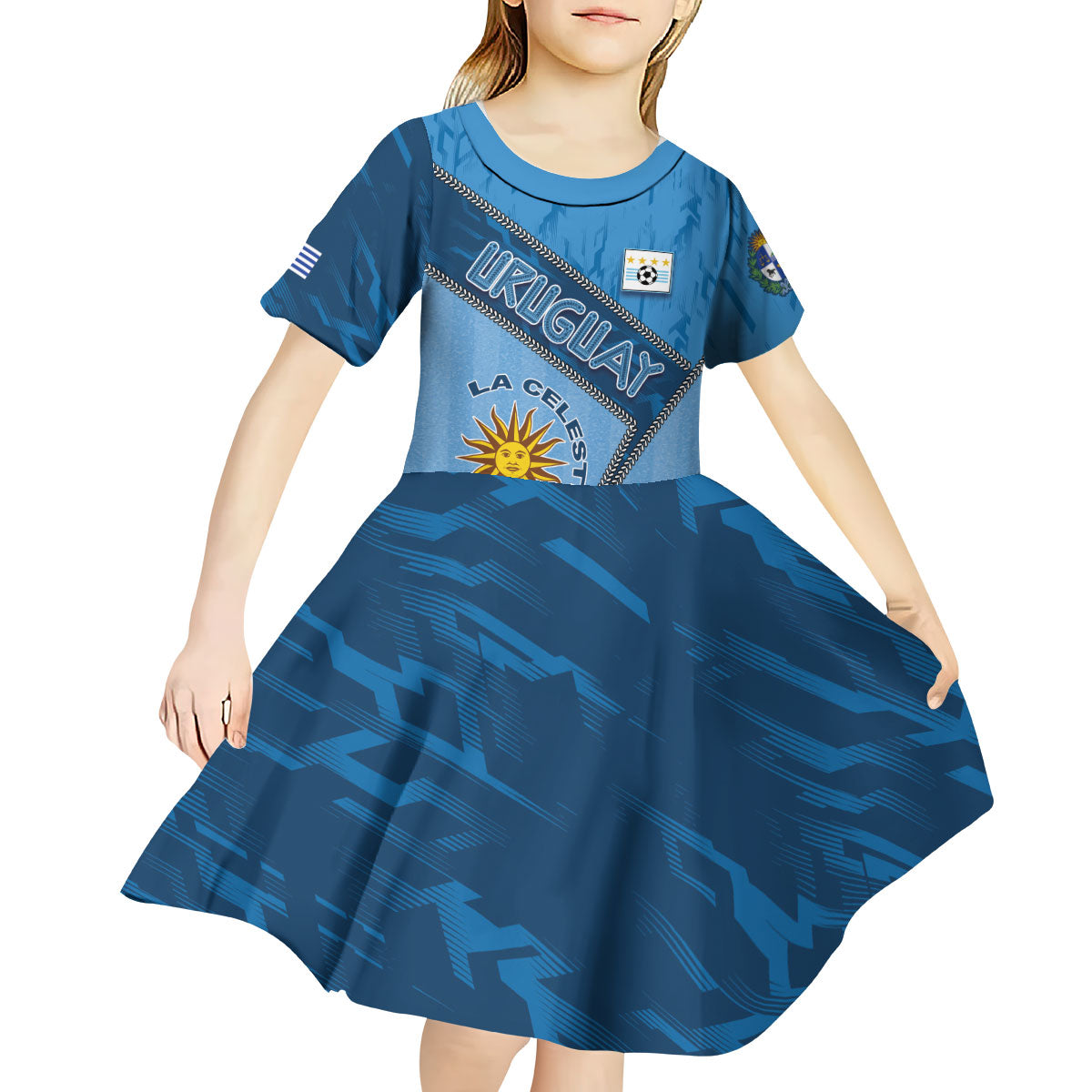 Custom Uruguay Football Kid Short Sleeve Dress Sun Of May Symbol Unique Style