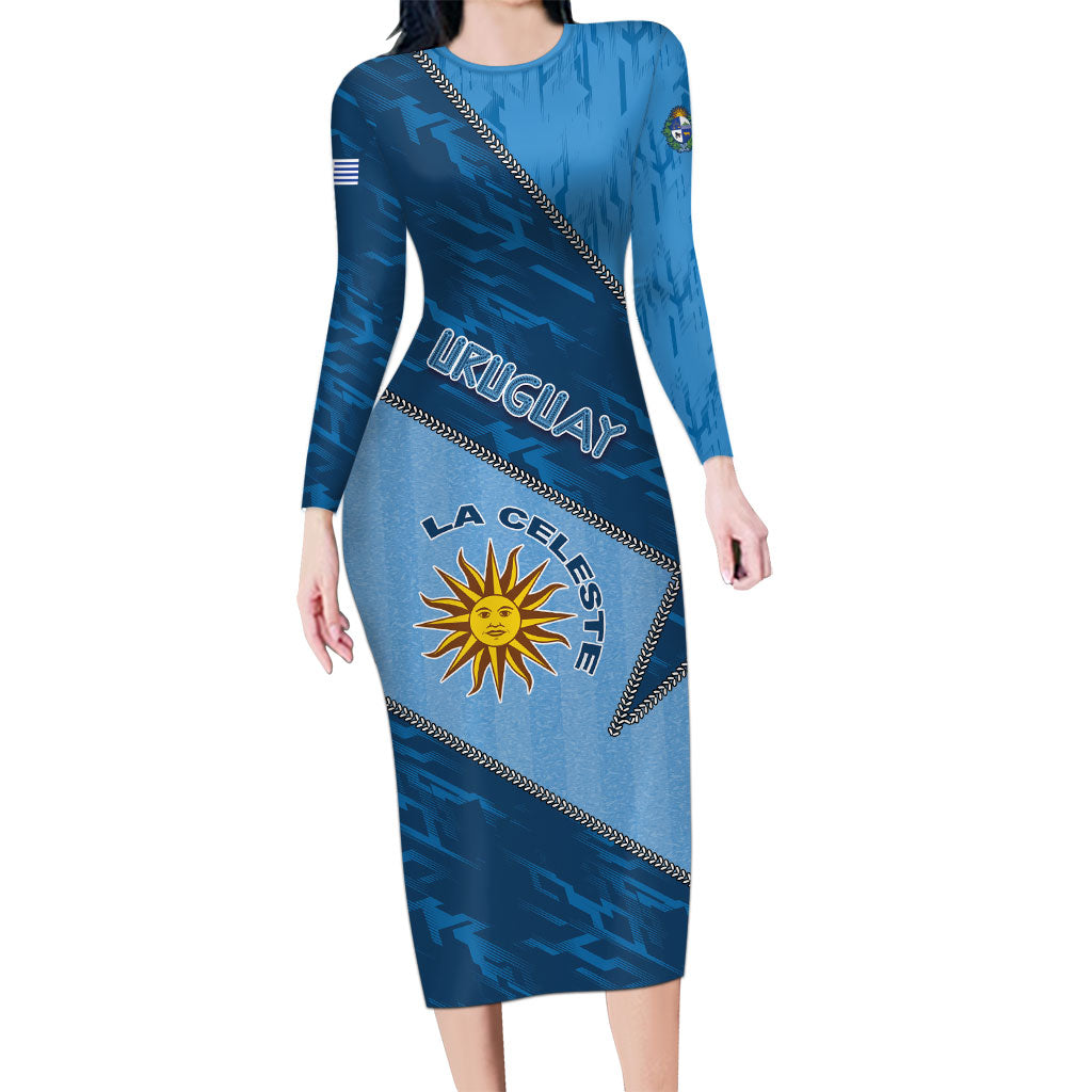 Custom Uruguay Football Long Sleeve Bodycon Dress Sun Of May Symbol Unique Style