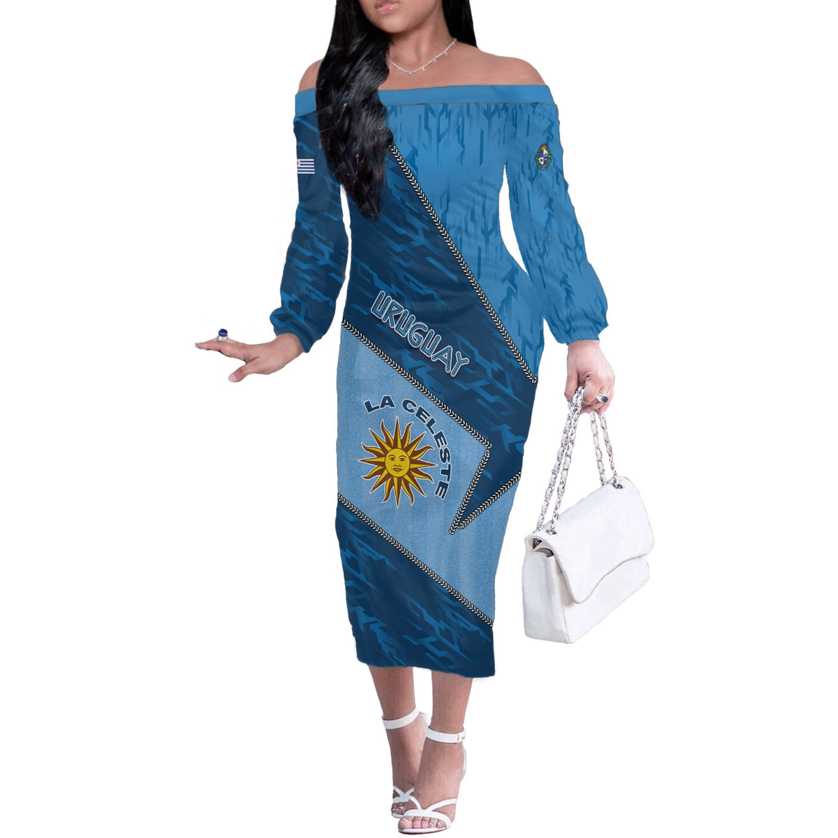 Custom Uruguay Football Off The Shoulder Long Sleeve Dress Sun Of May Symbol Unique Style
