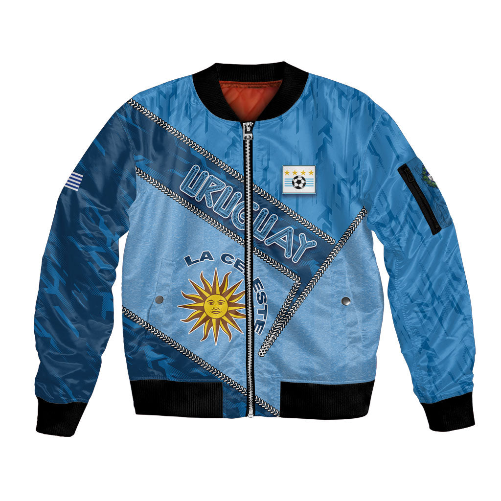 Custom Uruguay Football Sleeve Zip Bomber Jacket Sun Of May Symbol Unique Style