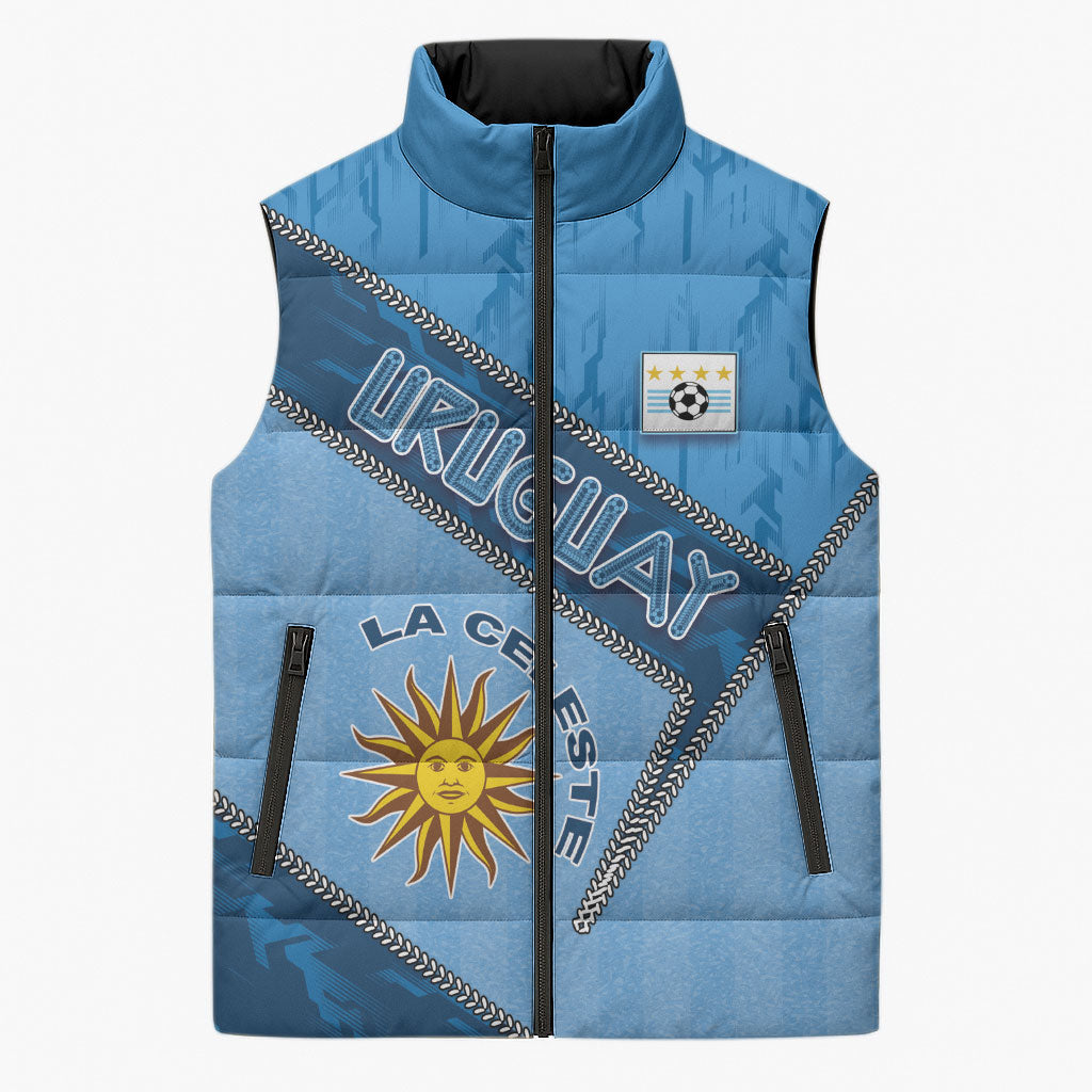 Custom Uruguay Football Sleeveless Puffer Jacket Sun Of May Symbol Unique Style