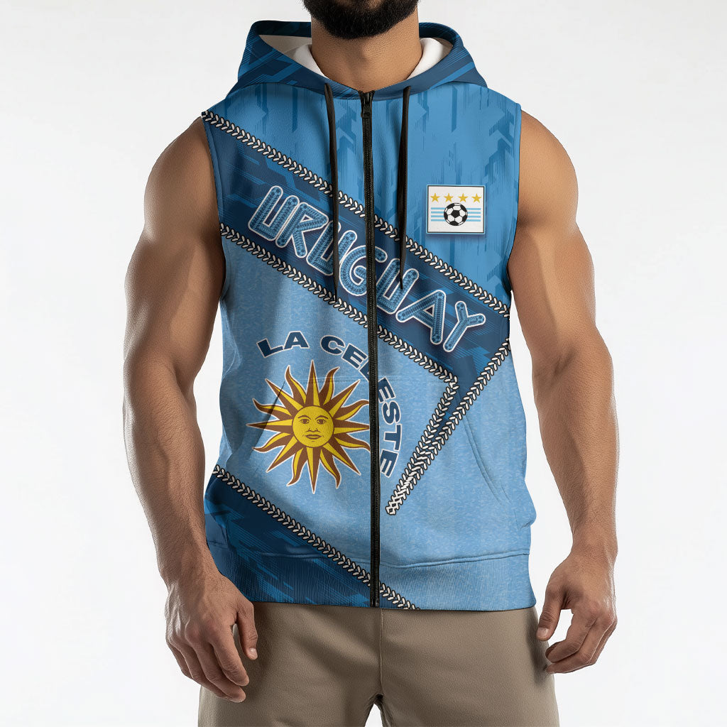 Custom Uruguay Football Sleeveless Zip Hoodie Sun Of May Symbol Unique Style