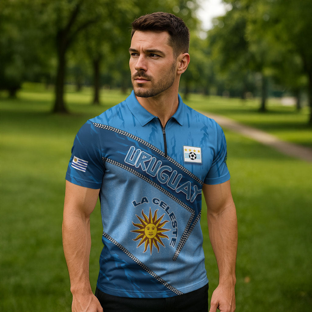 Custom Uruguay Football Zipper Polo Shirt Sun Of May Symbol Unique Style