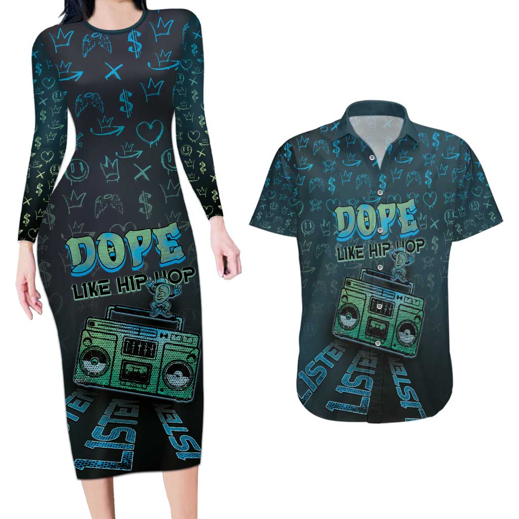Dope Like Hip Hop Couples Matching Long Sleeve Bodycon Dress and Hawaiian Shirt Hiphop Graffiti Style - Wonder Print Shop