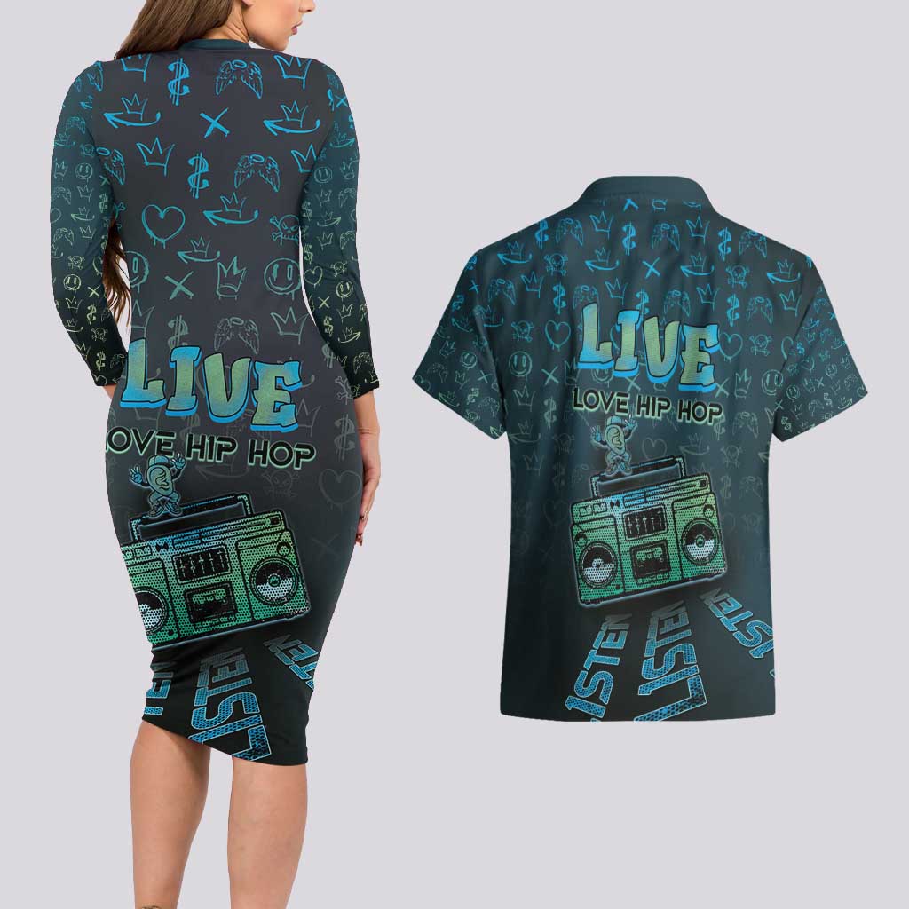 Dope Like Hip Hop Couples Matching Long Sleeve Bodycon Dress and Hawaiian Shirt Hiphop Graffiti Style - Wonder Print Shop