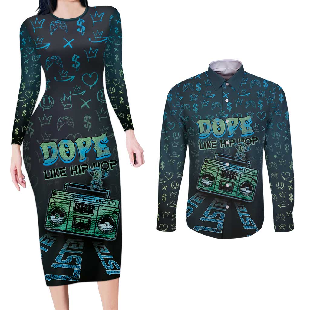 Dope Like Hip Hop Couples Matching Long Sleeve Bodycon Dress and Long Sleeve Button Shirt Hiphop Graffiti Style - Wonder Print Shop