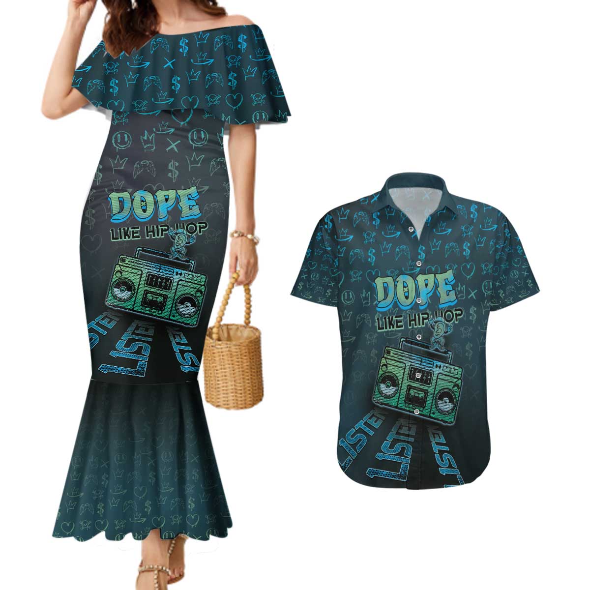 Dope Like Hip Hop Couples Matching Mermaid Dress and Hawaiian Shirt Hiphop Graffiti Style - Wonder Print Shop