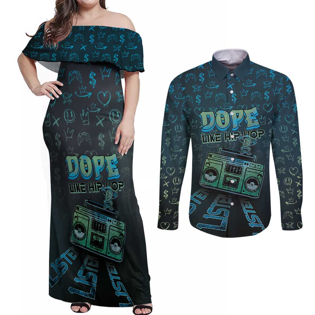 Dope Like Hip Hop Couples Matching Off Shoulder Maxi Dress and Long Sleeve Button Shirt Hiphop Graffiti Style - Wonder Print Shop