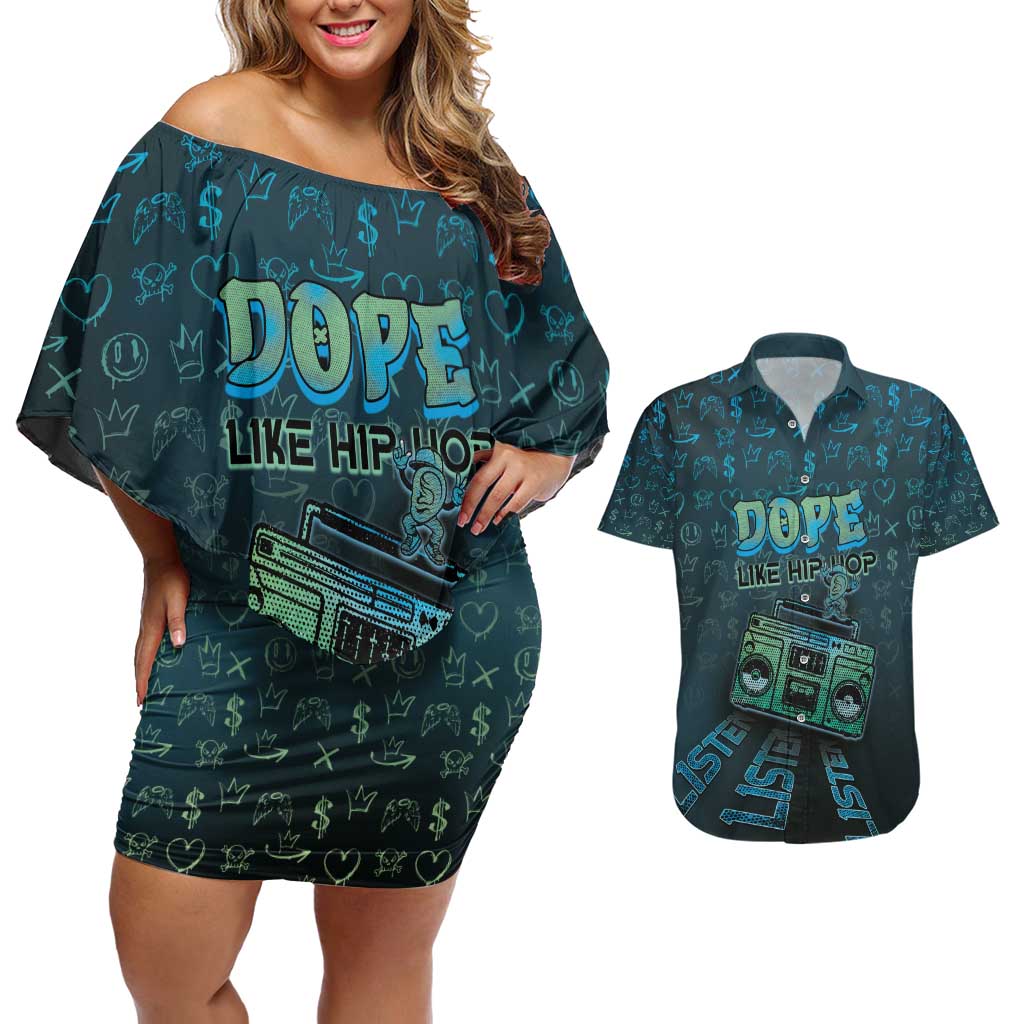 Dope Like Hip Hop Couples Matching Off Shoulder Short Dress and Hawaiian Shirt Hiphop Graffiti Style - Wonder Print Shop