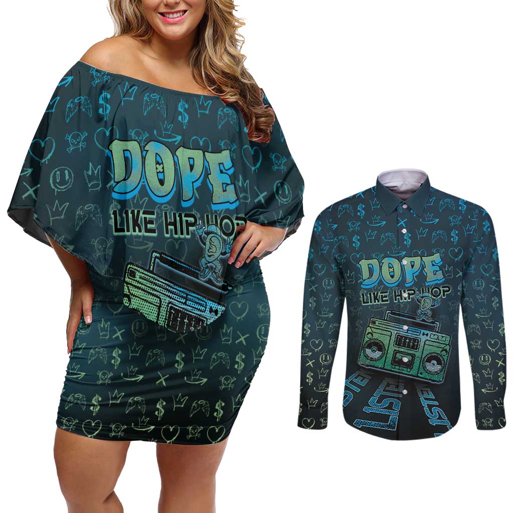 Dope Like Hip Hop Couples Matching Off Shoulder Short Dress and Long Sleeve Button Shirt Hiphop Graffiti Style - Wonder Print Shop