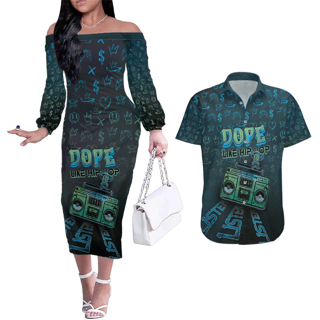 Dope Like Hip Hop Couples Matching Off The Shoulder Long Sleeve Dress and Hawaiian Shirt Hiphop Graffiti Style - Wonder Print Shop