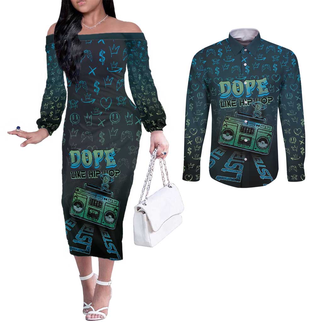 Dope Like Hip Hop Couples Matching Off The Shoulder Long Sleeve Dress and Long Sleeve Button Shirt Hiphop Graffiti Style - Wonder Print Shop