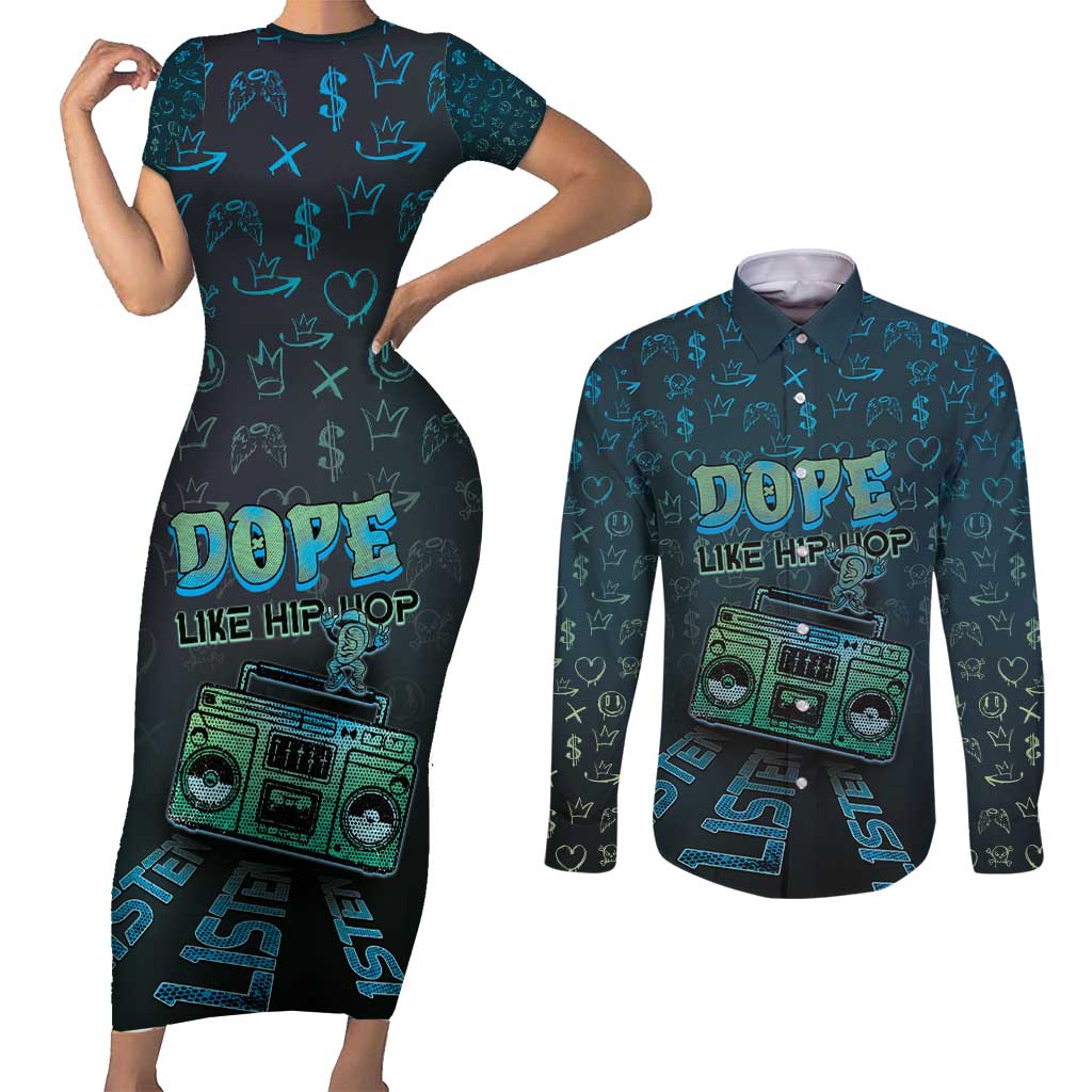 Dope Like Hip Hop Couples Matching Short Sleeve Bodycon Dress and Long Sleeve Button Shirt Hiphop Graffiti Style - Wonder Print Shop