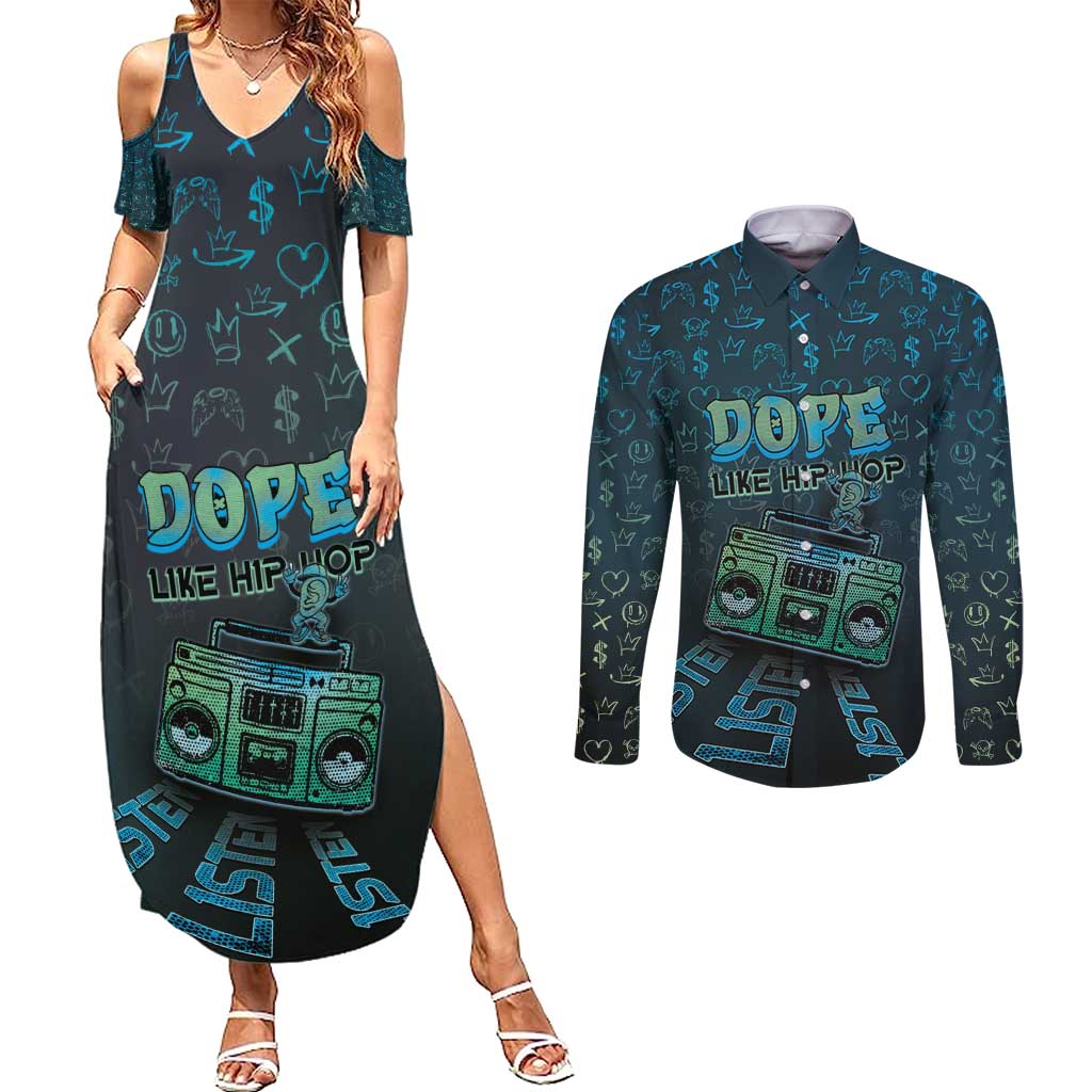 Dope Like Hip Hop Couples Matching Summer Maxi Dress and Long Sleeve Button Shirt Hiphop Graffiti Style - Wonder Print Shop