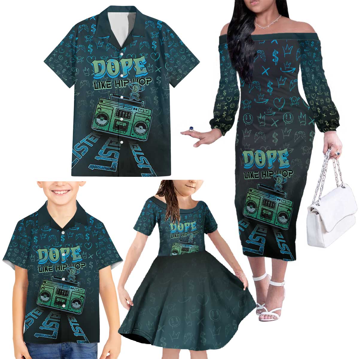 Dope Like Hip Hop Family Matching Off The Shoulder Long Sleeve Dress and Hawaiian Shirt Hiphop Graffiti Style - Wonder Print Shop