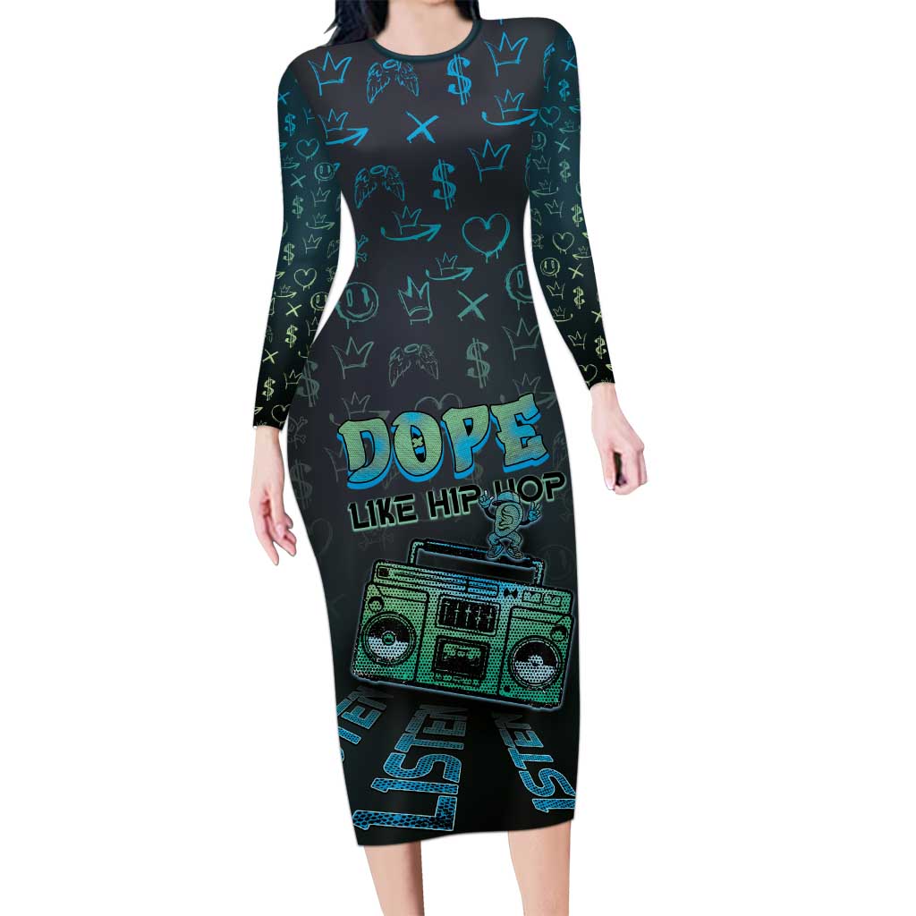 Dope Like Hip Hop Long Sleeve Bodycon Dress Hiphop Graffiti Style - Wonder Print Shop