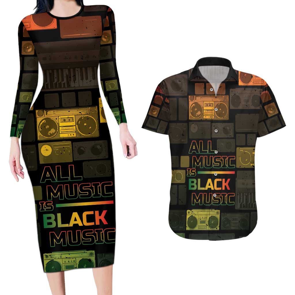 Black Music Month Couples Matching Long Sleeve Bodycon Dress and Hawaiian Shirt All Music Is Black Music - Wonder Print Shop
