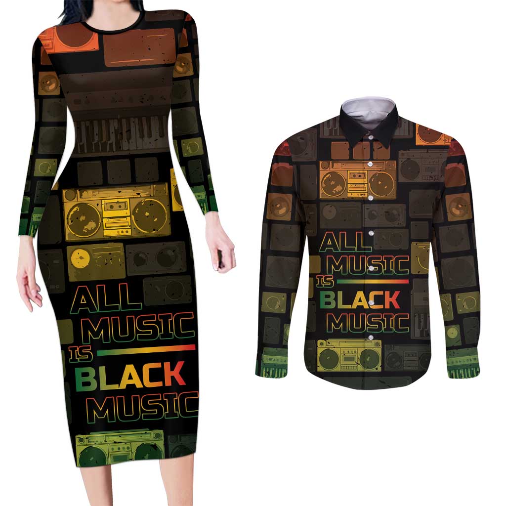 Black Music Month Couples Matching Long Sleeve Bodycon Dress and Long Sleeve Button Shirt All Music Is Black Music - Wonder Print Shop