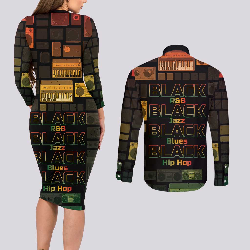 Black Music Month Couples Matching Long Sleeve Bodycon Dress and Long Sleeve Button Shirt All Music Is Black Music - Wonder Print Shop