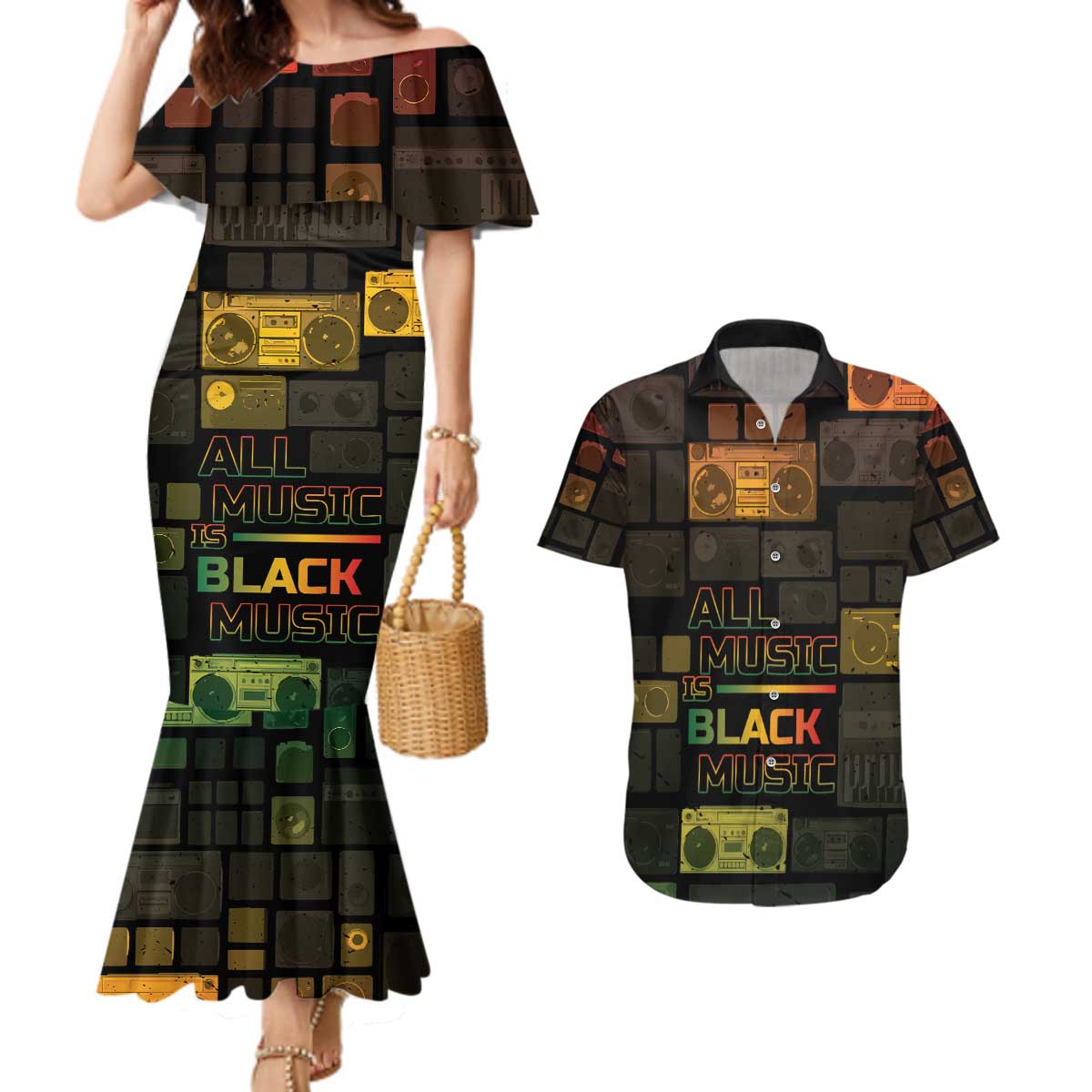 Black Music Month Couples Matching Mermaid Dress and Hawaiian Shirt All Music Is Black Music - Wonder Print Shop