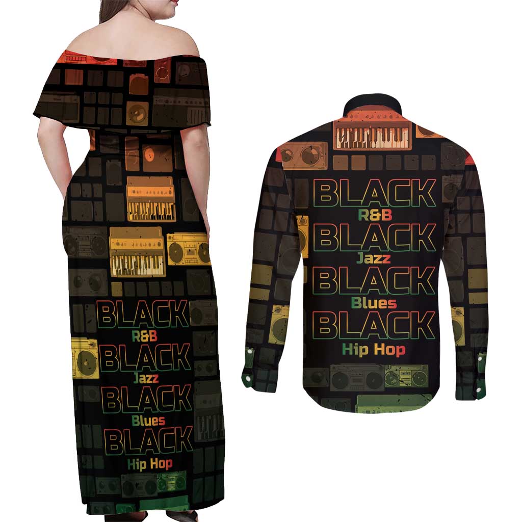 Black Music Month Couples Matching Off Shoulder Maxi Dress and Long Sleeve Button Shirt All Music Is Black Music - Wonder Print Shop