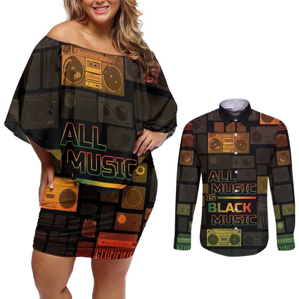 Black Music Month Couples Matching Off Shoulder Short Dress and Long Sleeve Button Shirt All Music Is Black Music - Wonder Print Shop