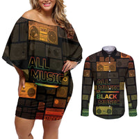 Black Music Month Couples Matching Off Shoulder Short Dress and Long Sleeve Button Shirt All Music Is Black Music - Wonder Print Shop