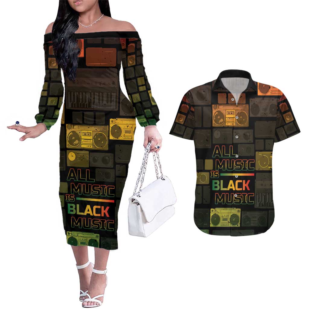 Black Music Month Couples Matching Off The Shoulder Long Sleeve Dress and Hawaiian Shirt All Music Is Black Music - Wonder Print Shop