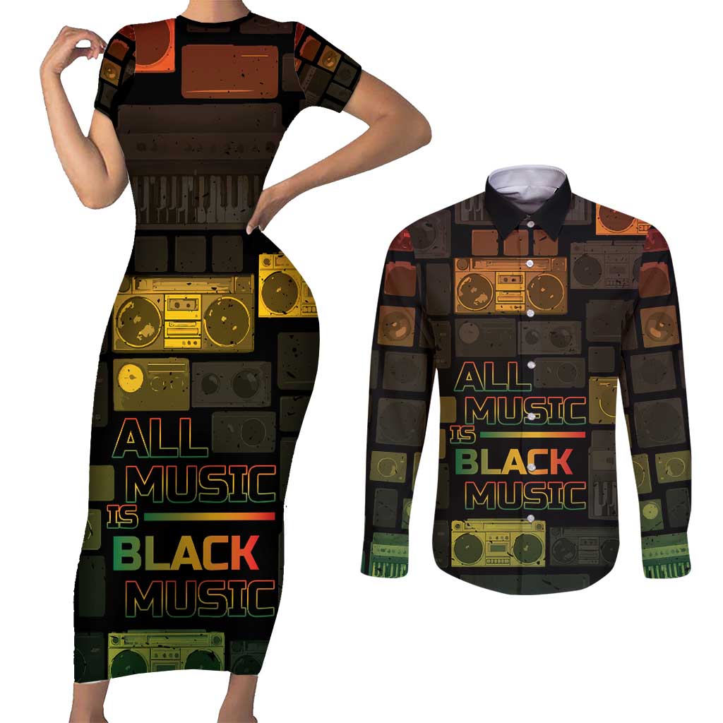 Black Music Month Couples Matching Short Sleeve Bodycon Dress and Long Sleeve Button Shirt All Music Is Black Music - Wonder Print Shop