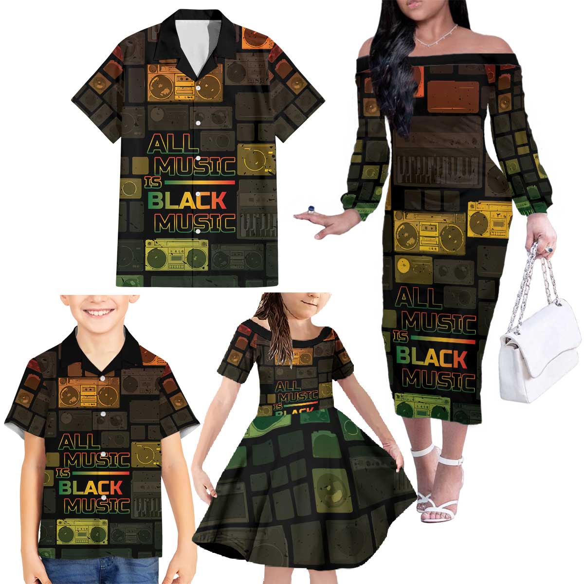 Black Music Month Family Matching Off The Shoulder Long Sleeve Dress and Hawaiian Shirt All Music Is Black Music - Wonder Print Shop
