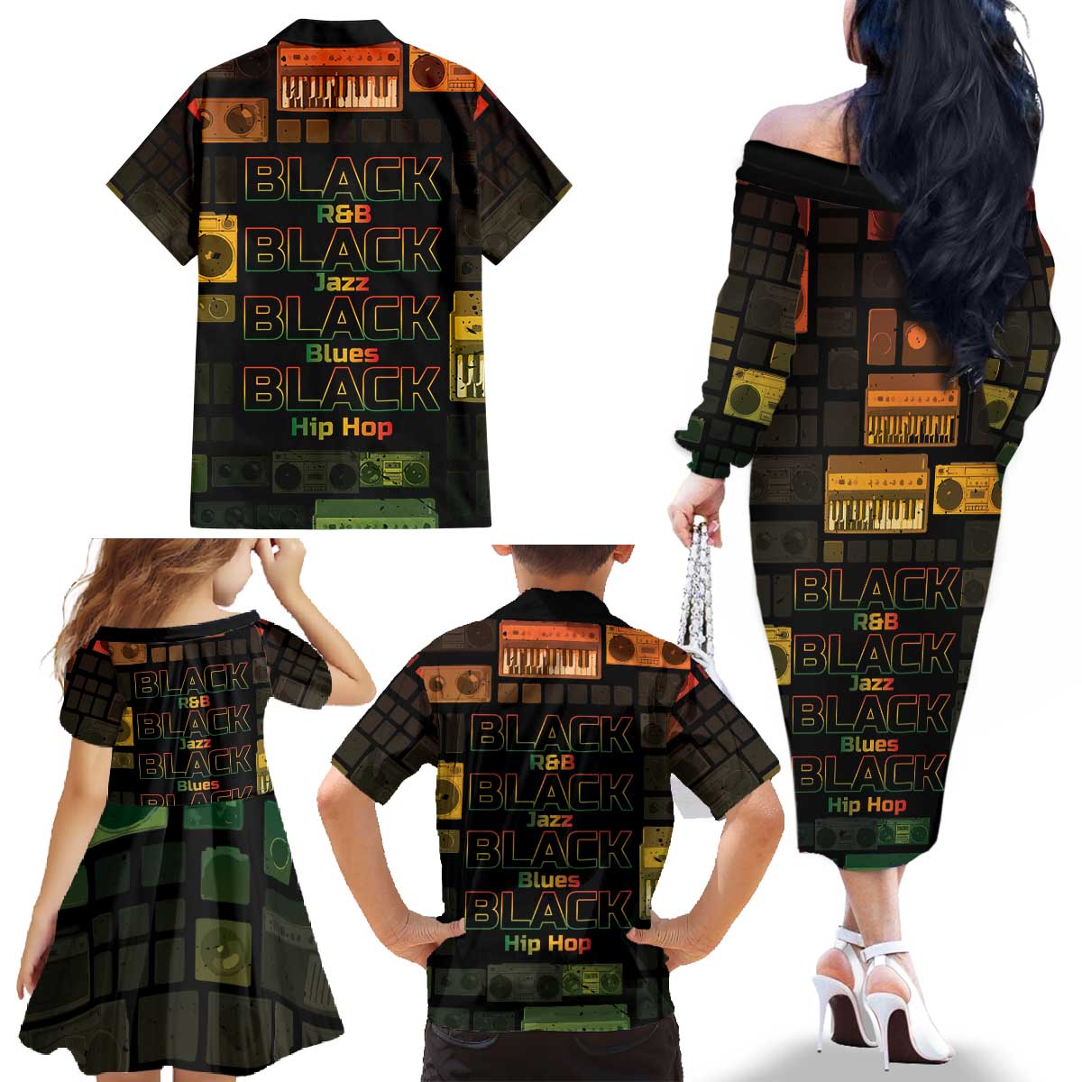 Black Music Month Family Matching Off The Shoulder Long Sleeve Dress and Hawaiian Shirt All Music Is Black Music - Wonder Print Shop