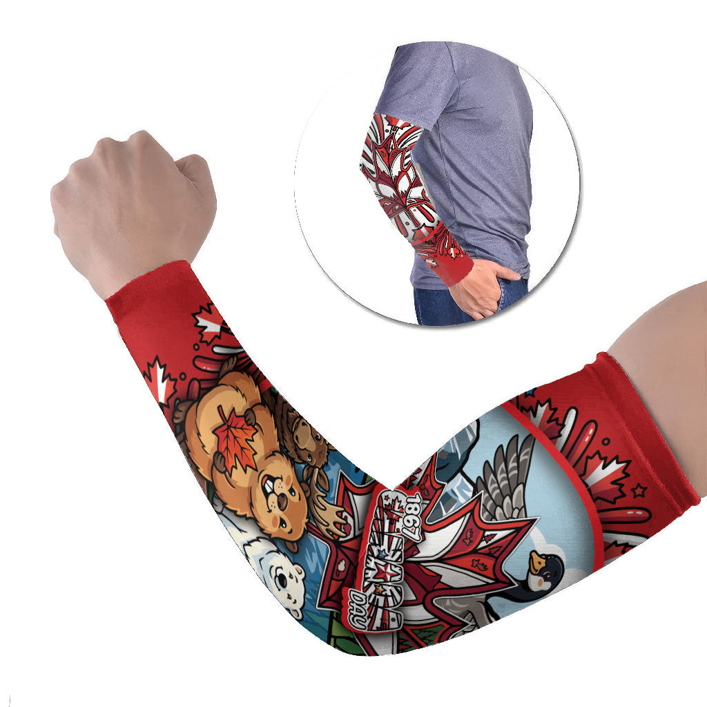 Happy Canada Day Arm Sleeves Cute Wildlife Animals Maple Leaf