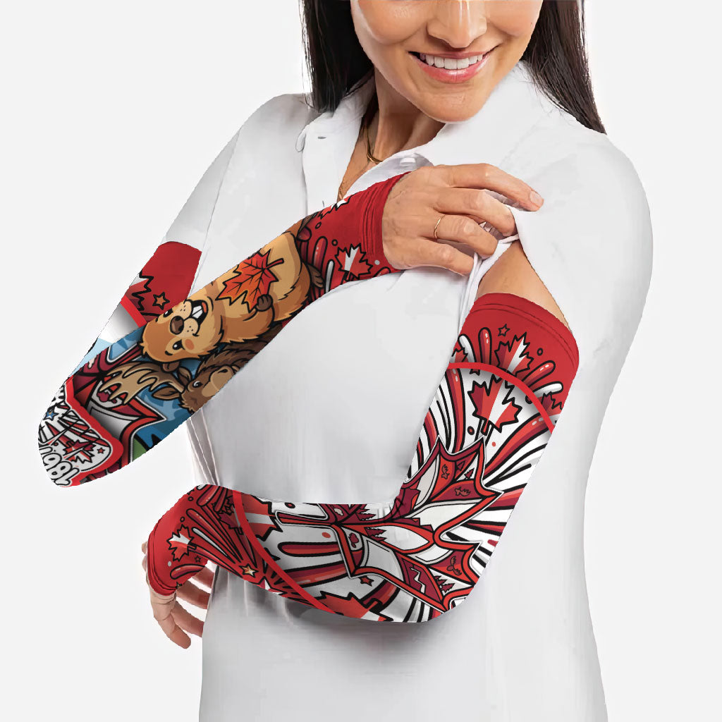Happy Canada Day Arm Sleeves Cute Wildlife Animals Maple Leaf