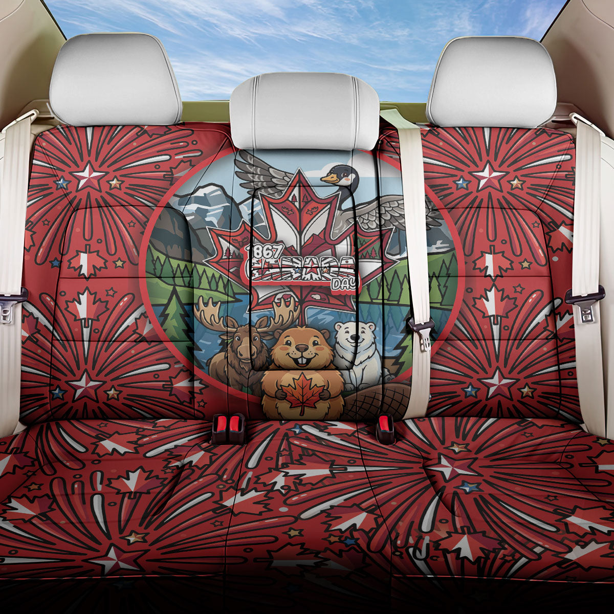 Happy Canada Day Back Car Seat Cover Cute Wildlife Animals Maple Leaf