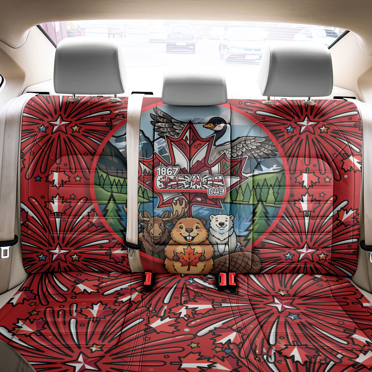 Happy Canada Day Back Car Seat Cover Cute Wildlife Animals Maple Leaf