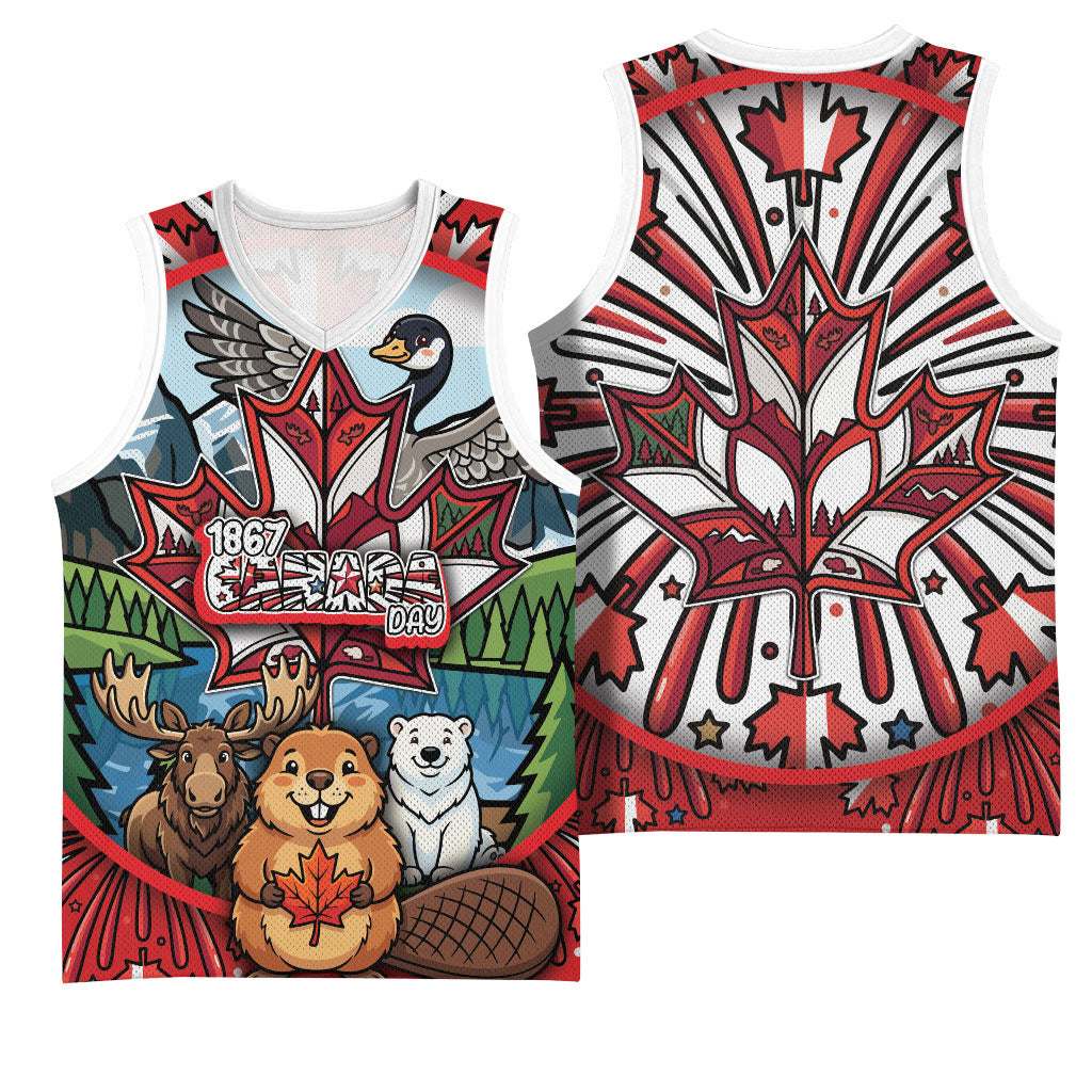 Happy Canada Day Basketball Jersey Cute Wildlife Animals Maple Leaf