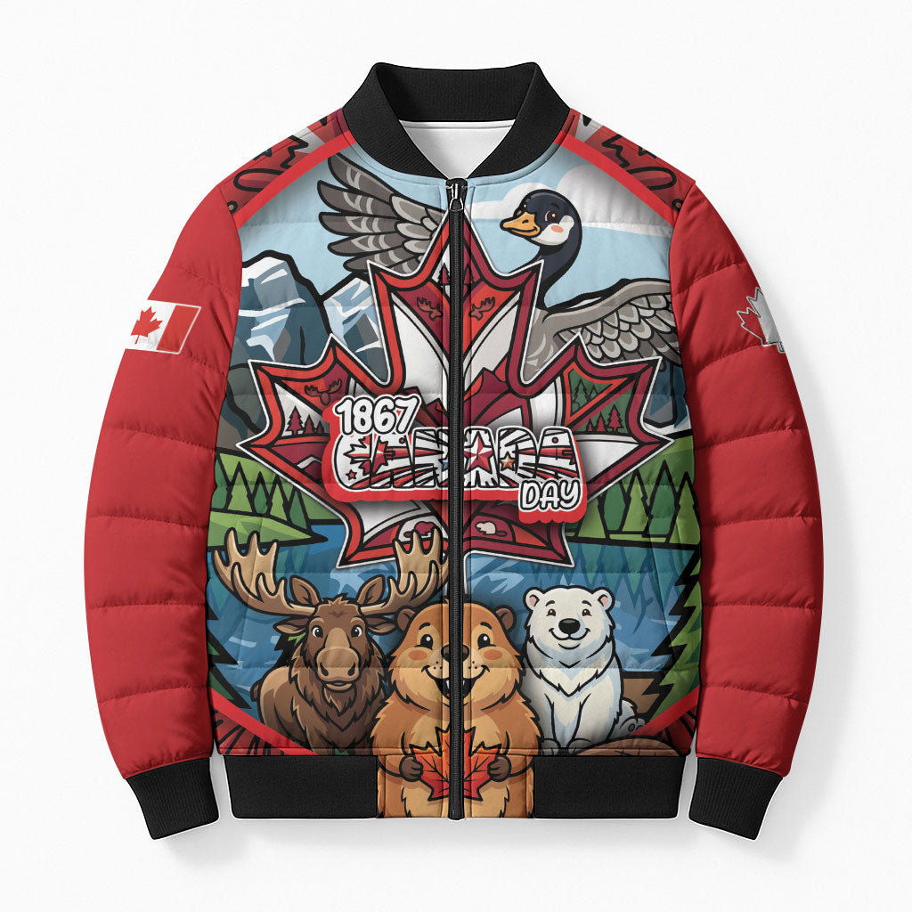 Happy Canada Day Bomber Puffer Jacket Cute Wildlife Animals Maple Leaf