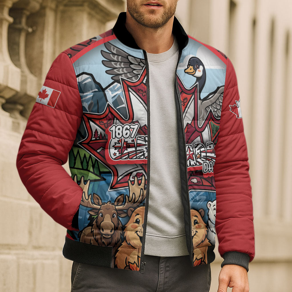 Happy Canada Day Bomber Puffer Jacket Cute Wildlife Animals Maple Leaf