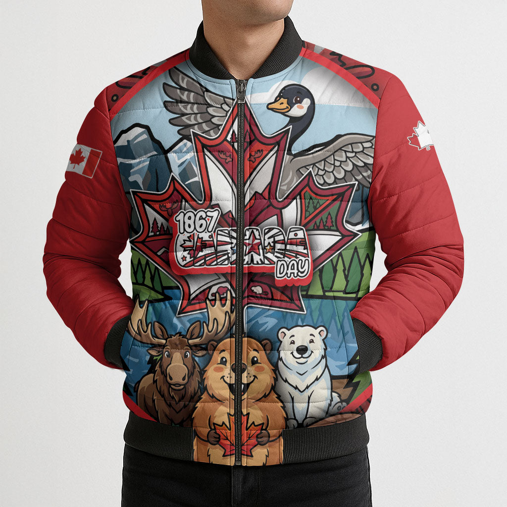 Happy Canada Day Bomber Puffer Jacket Cute Wildlife Animals Maple Leaf